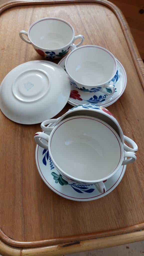 Te koop, boerenbont soepkommen met schotel, Ophalen, Aardewerk, Boerenbont, Kom(men)