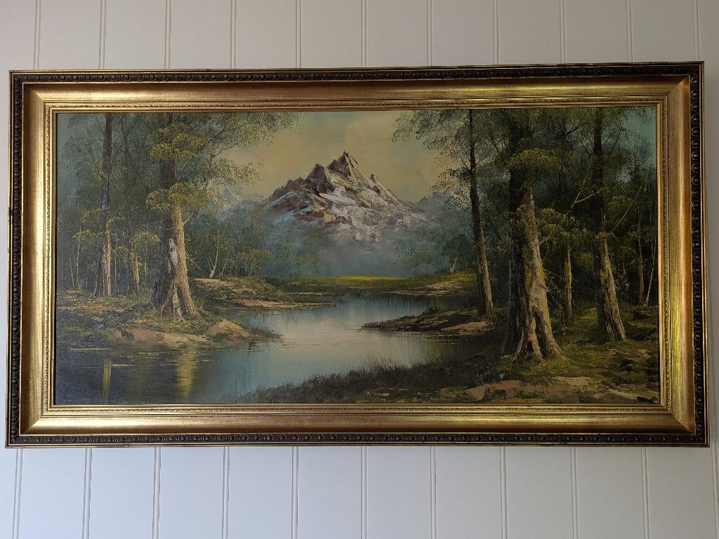 Schilderij vintage olieverfschilderij berglandschap 133x72,5, Antiek en Kunst, Ophalen