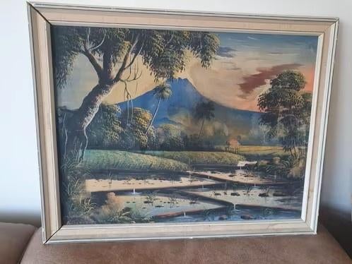 Schilderij Indonesië Java vulkaan sawa's gesigneerd, Antiek en Kunst, Kunst | Schilderijen | Klassiek, Ophalen