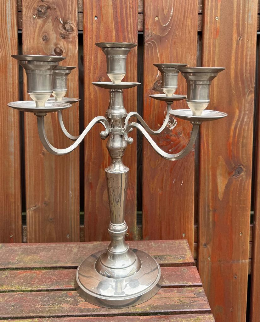 Grote 5-armige kandelaar 47 cm–klassiek&sfeervol–verzilverd, 25 tot 50 cm, Ophalen of Verzenden, Zo goed als nieuw, Metaal
