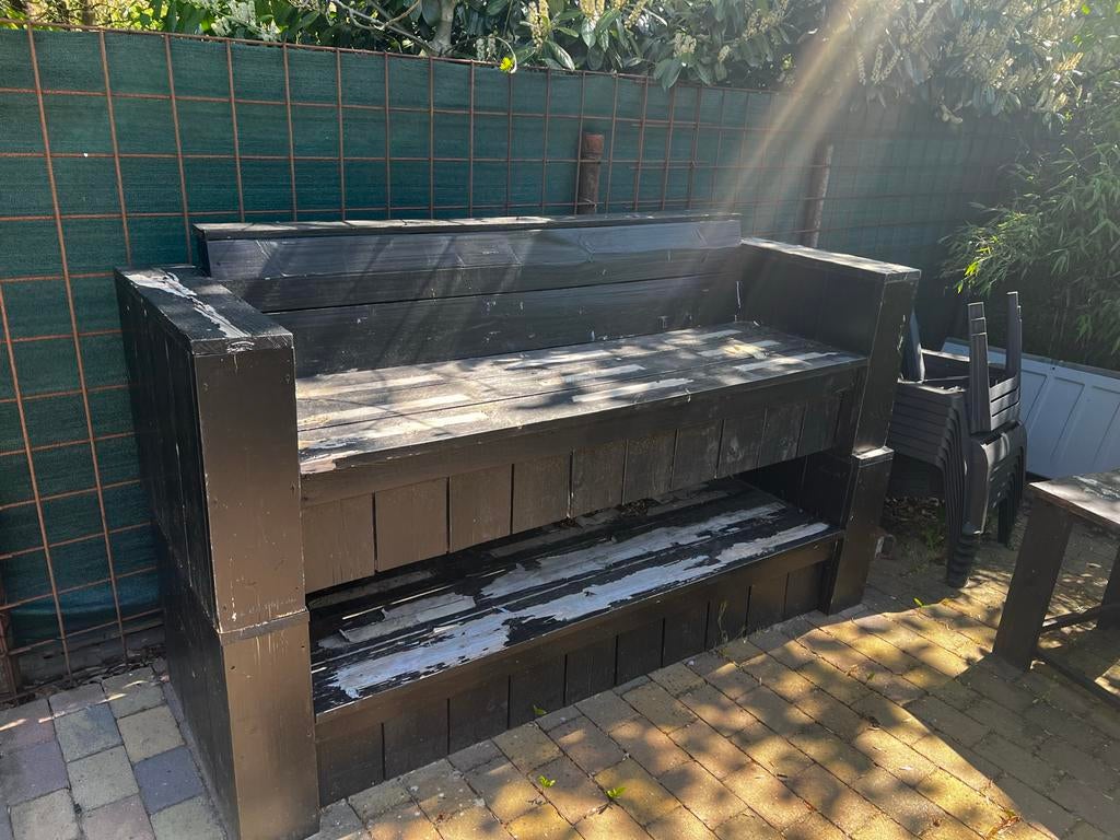 Zelfgemaakte houten tuinbank met bijpassende tafel, Ophalen, Gebruikt, Hout
