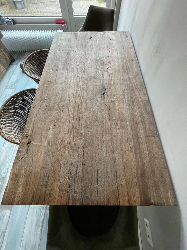 Robuuste hardhouten  tafel met gietijzeren onderstel, Ophalen, Gebruikt, 50 tot 100 cm, 150 tot 200 cm