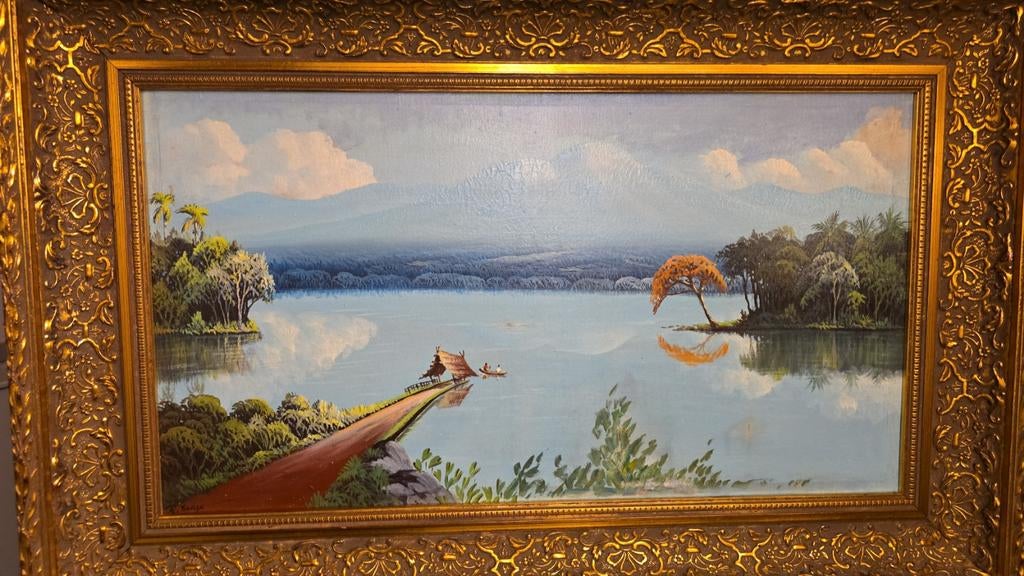 Indisch olieschilderij met landschap en water, Antiek en Kunst, Ophalen