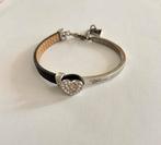 Zilveren armband met zwart leer en strass hartje, Sieraden, Tassen en Uiterlijk, Armbanden, Zwart, Ophalen of Verzenden, Zo goed als nieuw