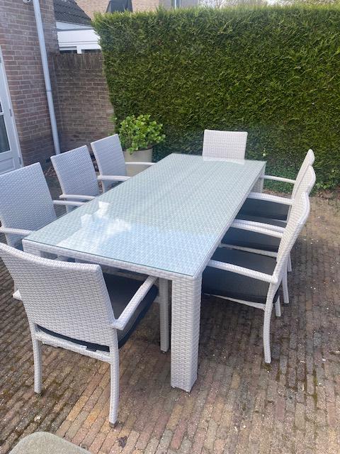 Wicker Tuinset 220x100 – Incl Glasplaat & Kussens –Topstaat!, Ophalen, Zo goed als nieuw, Kunststof, Stapelbaar