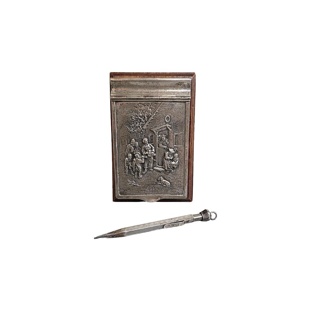 Hollands zilveren notitieblok houder met pen, uit 1944, Antiek en Kunst, Ophalen of Verzenden, Zilver