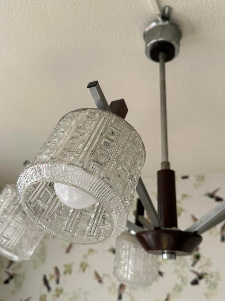 Retro hanglamp met glazen kelkjes - Zilver en bruin, Ophalen, Gebruikt, Glas, 50 tot 75 cm