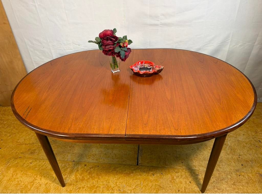 Gratis bezorging! Mid-Century Retro Vintage Teak Ovale Tafel, Huis en Inrichting, Gebruikt, Teakhout, 200 cm of meer, Ophalen of Verzenden