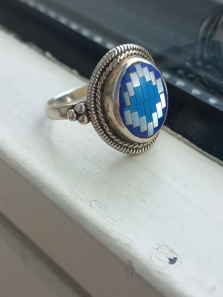 Zilveren inlay ring, Blauw, Ophalen of Verzenden, Zo goed als nieuw, Met edelsteen