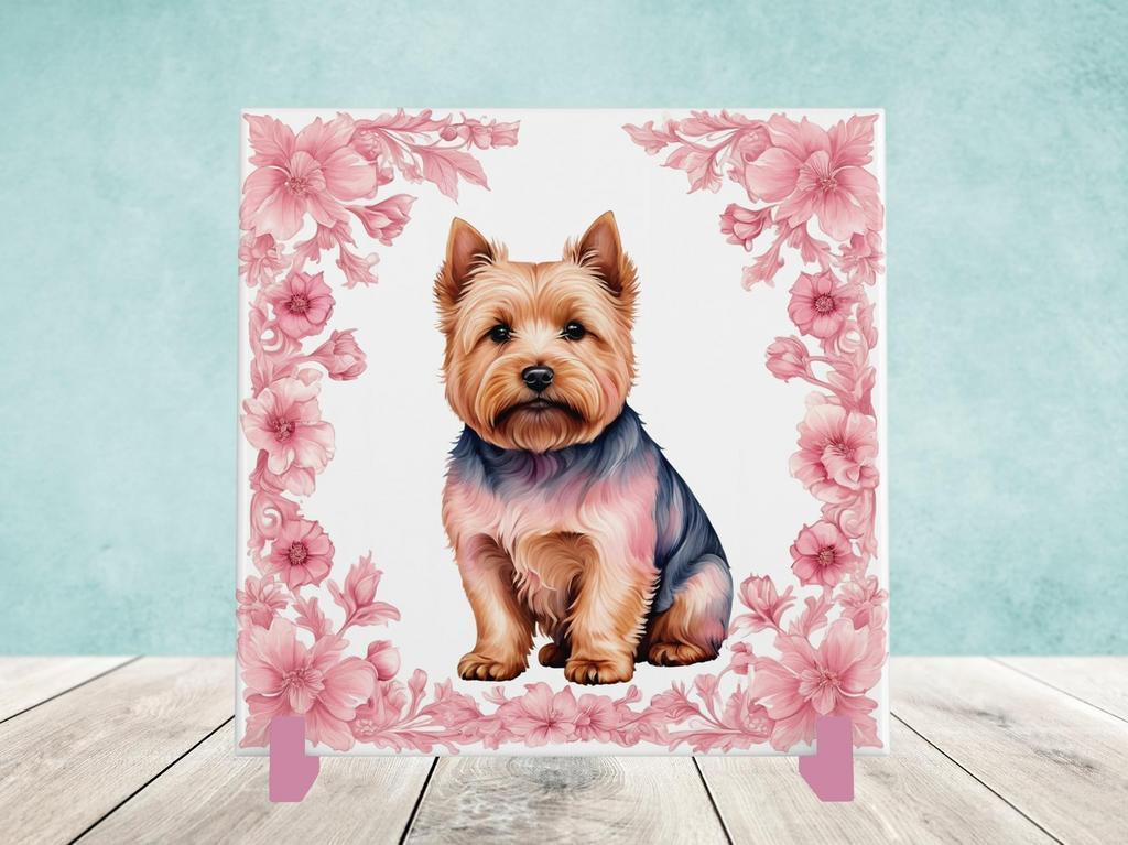 Norwich Terriër Delfts Roze tegel incl houder, Ophalen of Verzenden, Nieuw