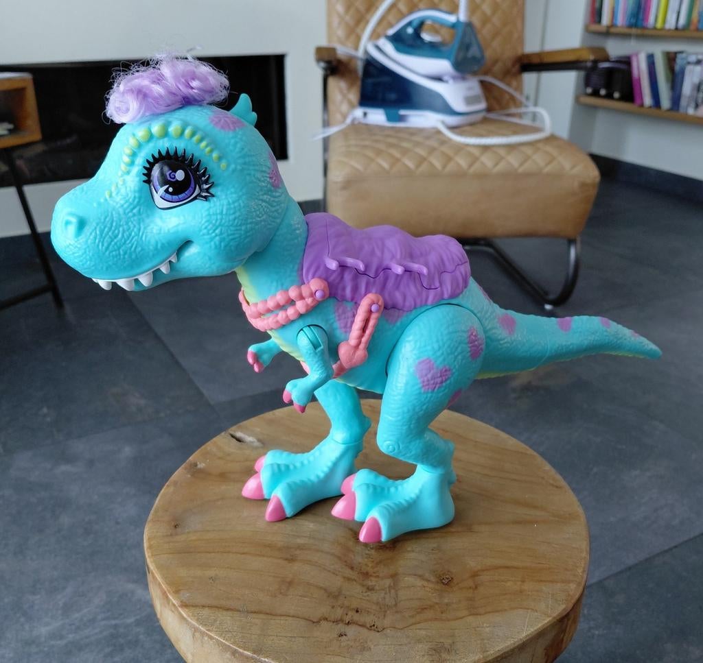 Blauwe Dino met paars haar en mond die open kan, Ophalen of Verzenden