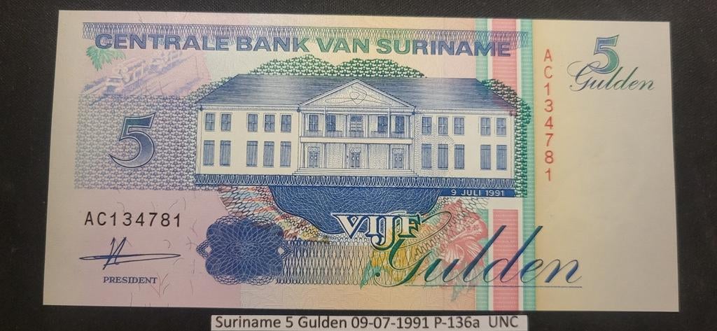 Suriname 5 Gulden 09-07-1991 P-136a UNC, Ophalen of Verzenden