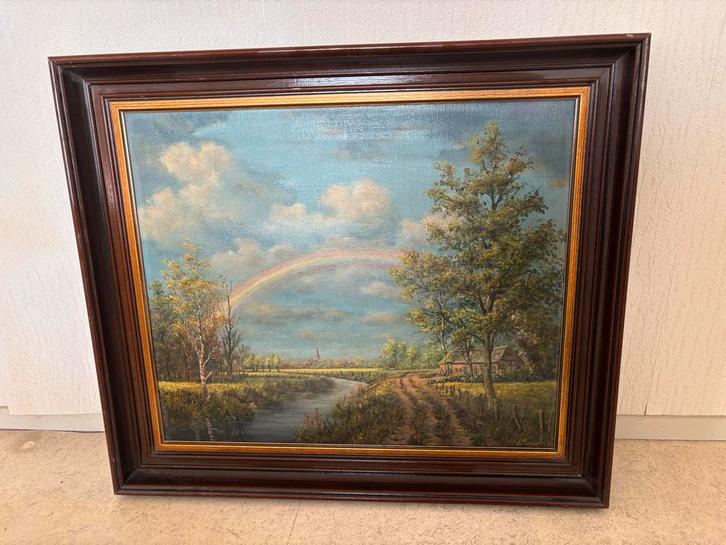 Schilderij W. Taassen - Landschap met regenboog, 73x63cm, Antiek en Kunst, Kunst | Schilderijen | Klassiek, Ophalen