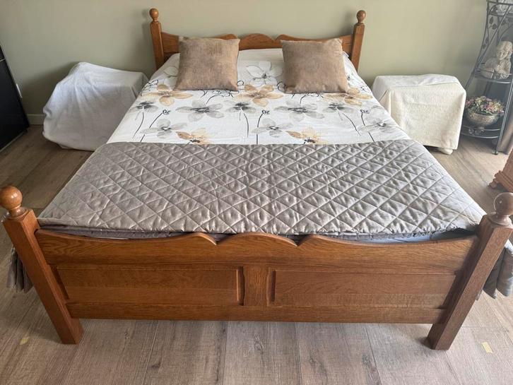 Geloogd eiken 2-persoonsbed met Auping en Tempur 150x200, Huis en Inrichting, Slaapkamer | Bedden, Gebruikt, Tweepersoons, Overige maten