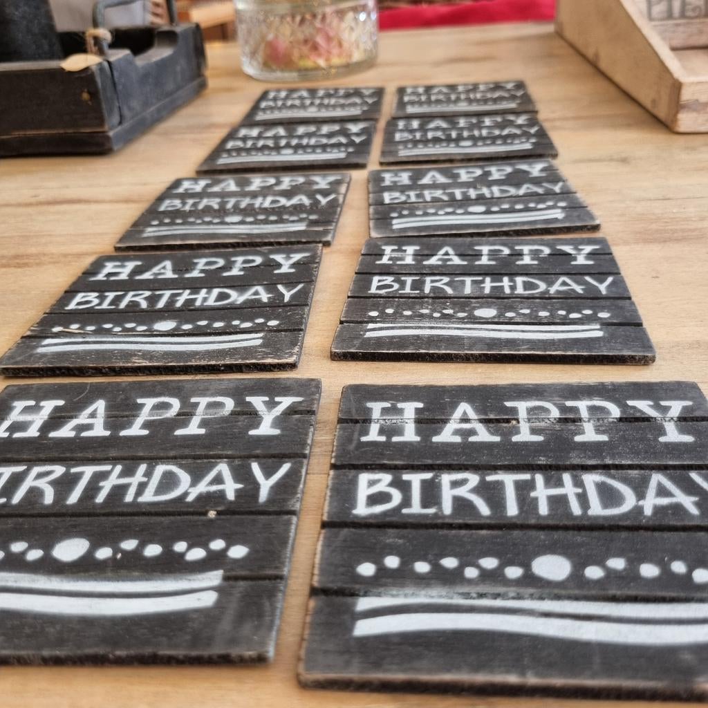 10 Houten Onderzetters 'Happy Birthday' - 10x10 cm, Ophalen of Verzenden, Nieuw, Glas of Kopje