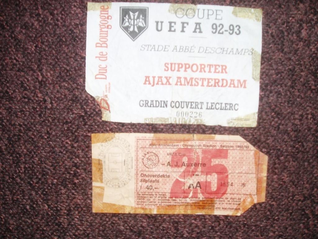 Ajax-Auxerre Tickets (Uit/Thuis) UEFA cup 1/4 Finale 1992/93, Verzamelen, Ophalen of Verzenden, Gebruikt, Ajax