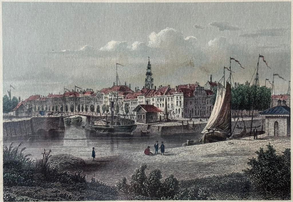Ingekleurd Stadsgezicht Middelburg  uit 1858, Antiek en Kunst, Kunst | Etsen en Gravures, Ophalen