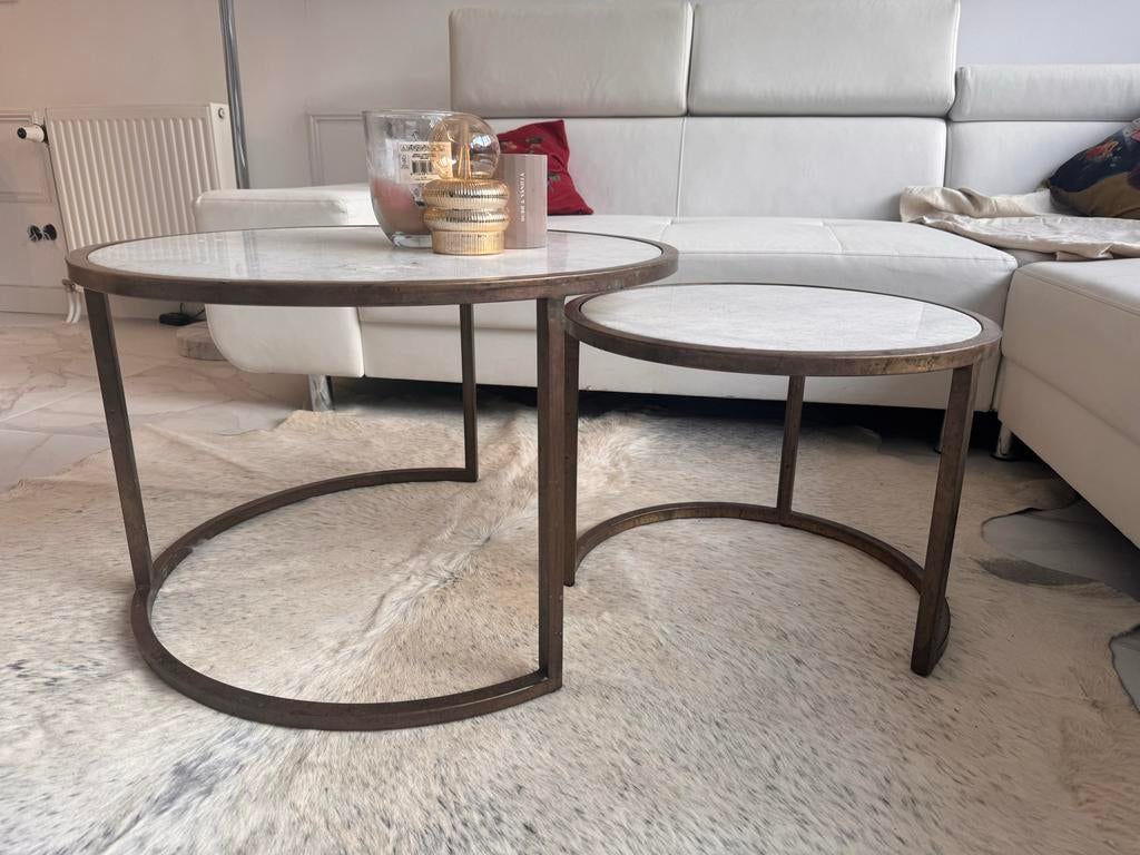 Set van twee marmeren salontafels, Huis en Inrichting, Tafels | Salontafels, Gebruikt, Rond, Metaal, Minder dan 50 cm