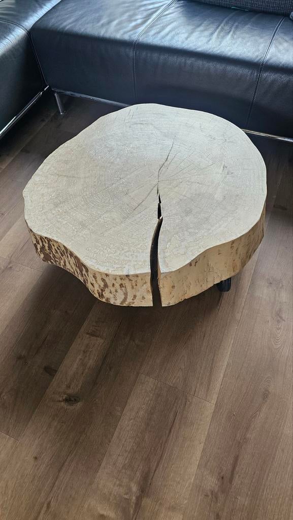 Boomstam salontafel op wieltjes, Ophalen, 50 tot 100 cm, Rond, 50 tot 100 cm
