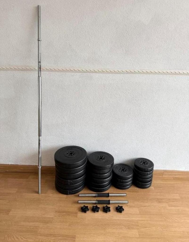 102 kg aan gewichten barbell platen stangen dumbbels, Sport en Fitness, Fitnessmaterialen, Ophalen of Verzenden, Zo goed als nieuw
