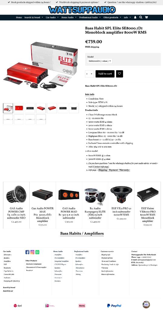Bass Habit SPL Elite SE8000.1D1 8000WRMS Monoblok versterker, Auto diversen, Autospeakers, Info@optimount.nl, Nieuw, Ophalen of Verzenden