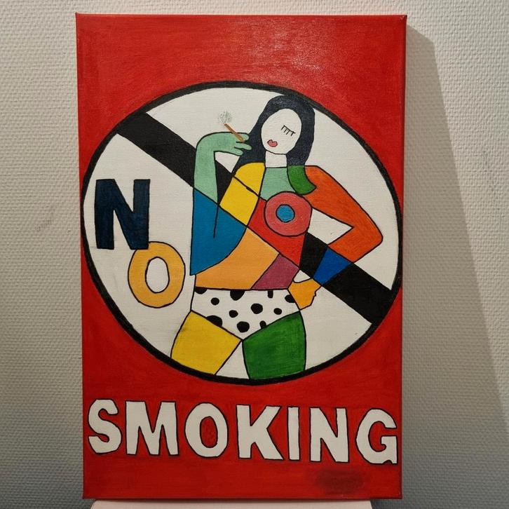 Schilderij "No smoking" met rokende vrouw, Antiek en Kunst, Kunst | Schilderijen | Modern, Ophalen of Verzenden