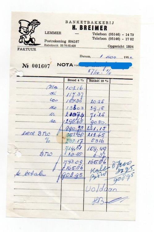 Nota banketbakkerij H.Breimer te Lemmer 1980, Verzamelen, Merken en Reclamevoorwerpen, Zo goed als nieuw, Overige typen, Verzenden