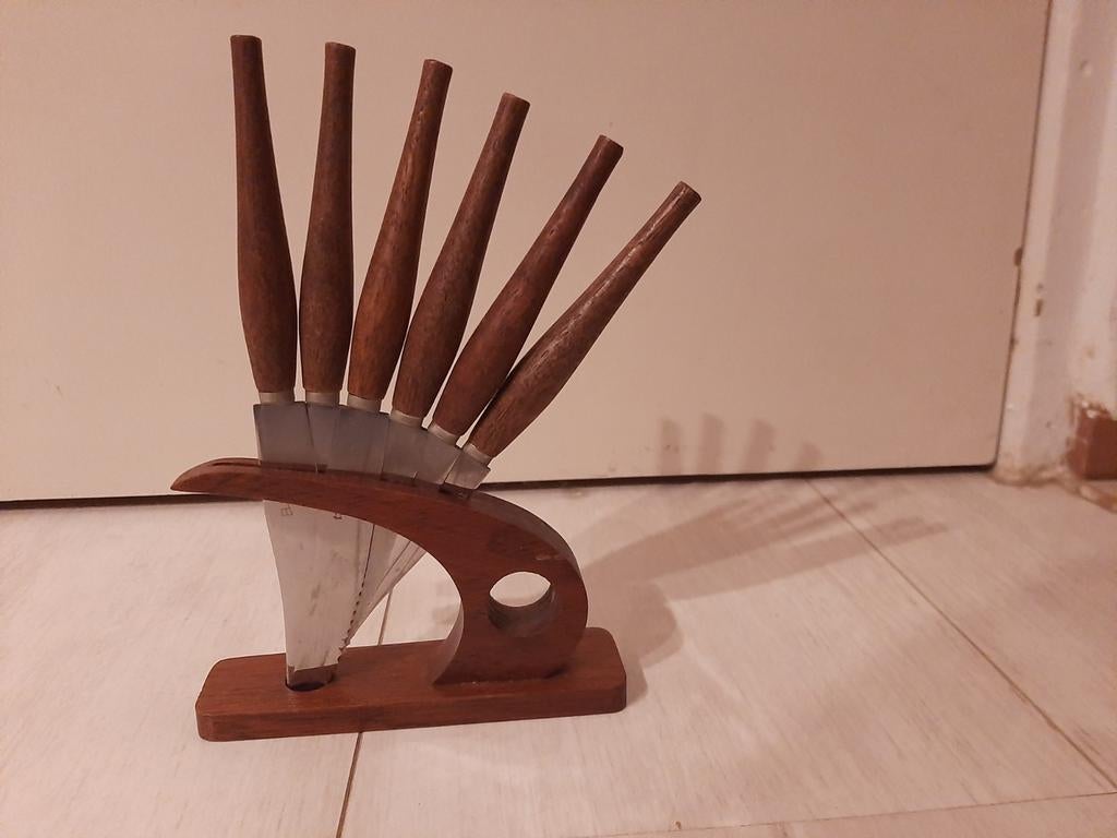 Vintage fruitmesjes in houder - set van 6, Huis en Inrichting, Keuken | Bestek, Gebruikt, Bestekset, Hout, Ophalen of Verzenden