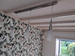 Plafondlamp/hanglamp rvs balk 3 kelken aluminium/melkglas, Ophalen, Zo goed als nieuw