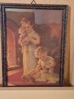 Vintage Schilderij kinderen met hond, pop en open haard, Antiek en Kunst, Ophalen of Verzenden