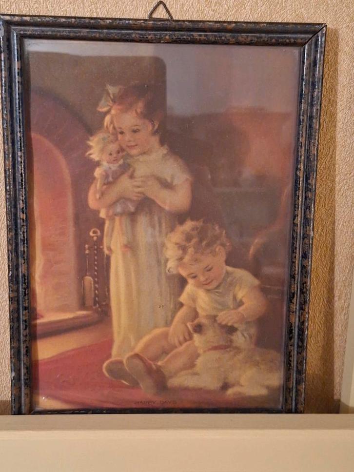 Vintage Schilderij kinderen met hond, pop en open haard, Antiek en Kunst, Kunst | Schilderijen | Klassiek, Ophalen of Verzenden