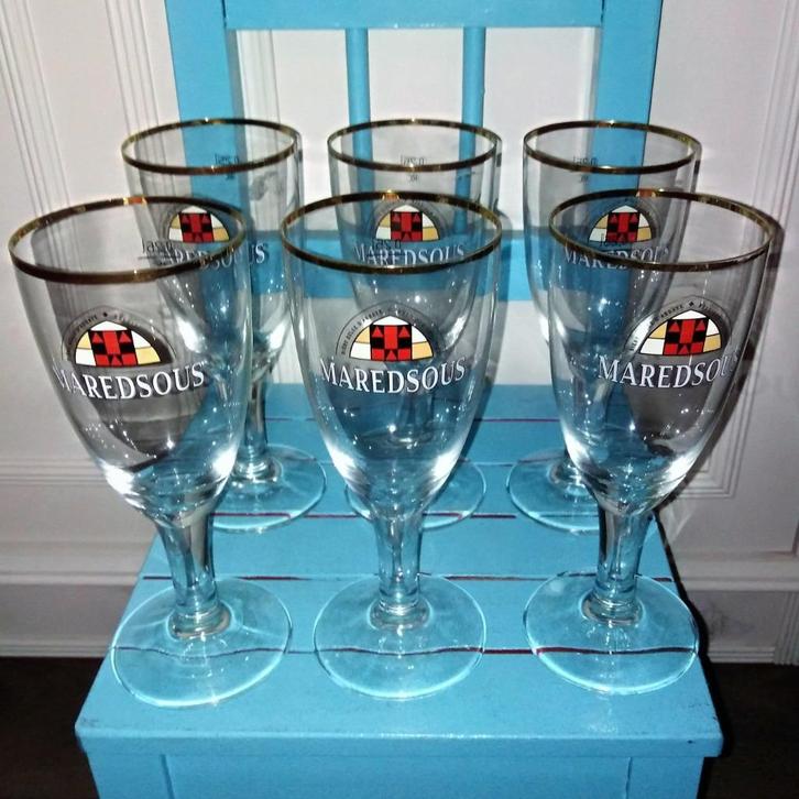 Maredsous bierglazen met goudkleurig randje set van 6, Verzamelen, Biermerken, Zo goed als nieuw, Glas of Glazen, Overige merken