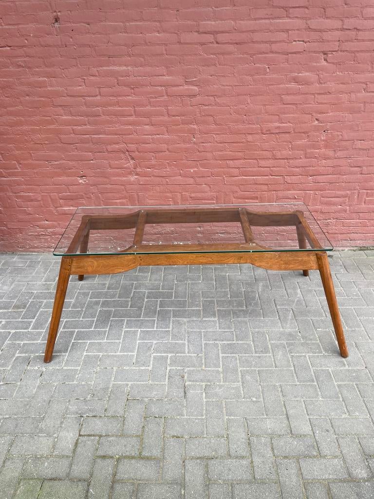 Vintage teakhouten eettafel met glas, Ophalen of Verzenden, Zo goed als nieuw