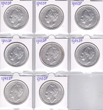 Mooi lot van 8 x 2 1/2 gulden 1943DP zilver Wilhelmina beschikbaar voor biedingen