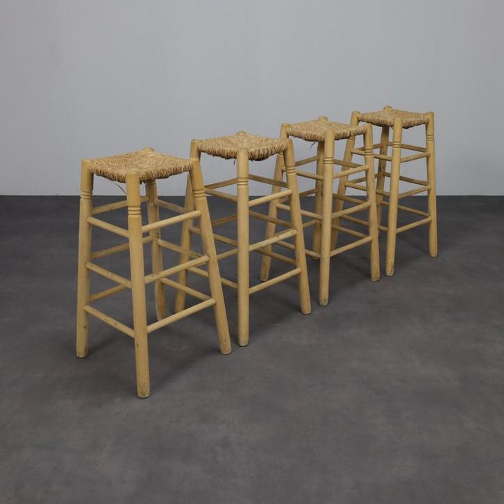 Set of 4 Barstools in Wood and Cane, 1970s, Huis en Inrichting, Barkrukken, Gebruikt, 4 krukken, Ophalen