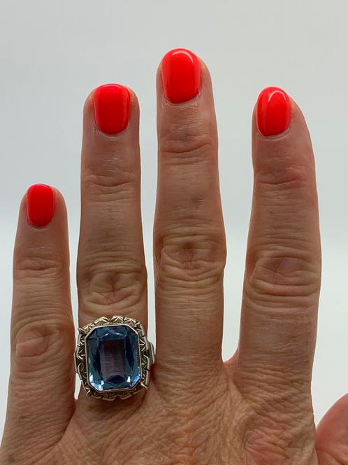 X673  Prachtige zilveren ring aquamarijn maat 18,5, Sieraden, Tassen en Uiterlijk, Antieke sieraden, Ring, Zilver, Met edelsteen
