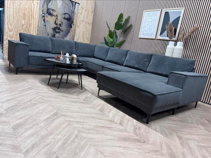 ZGAN Ribstof U-Bank / Hoekbank - Antraciet - 345cm, Huis en Inrichting, Banken | Bankstellen, Zo goed als nieuw, Vierpersoons of meer