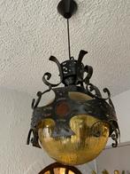 Vintage Hanglamp Smeedijzer & Geel Crackelee Glas, Antiek en Kunst, Ophalen