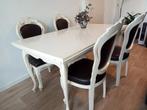 wit gelakte houten eettafel met zwart skailederen stoelen, 200 cm of meer, Overige materialen, 100 tot 150 cm, Rechthoekig