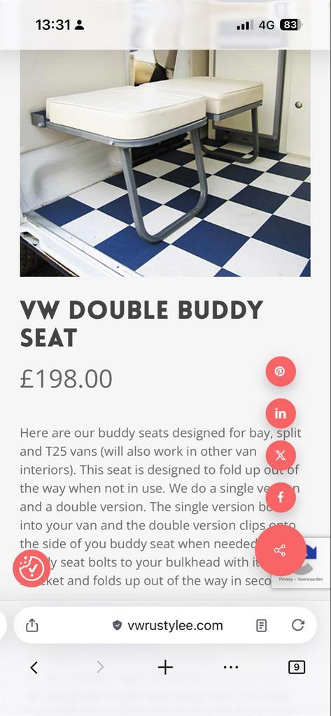 VW Double Buddy Seat - Klapstoel, Auto-onderdelen, Interieur en Bekleding, Oldtimer onderdelen, Volkswagen, Nieuw, Ophalen of Verzenden