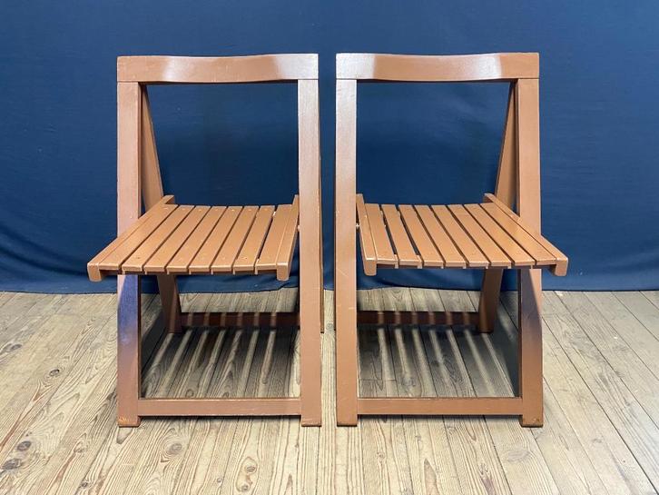Vintage Set Klapstoelen jaren 70 Aldo Jacober stijl, Huis en Inrichting, Stoelen, Gebruikt, Twee, Hout, Bruin, Ophalen