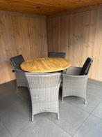 Te koop: ronde 4 persoons dining set (wicker aluminium), Ophalen, 4 zitplaatsen, Teakhout, Zo goed als nieuw