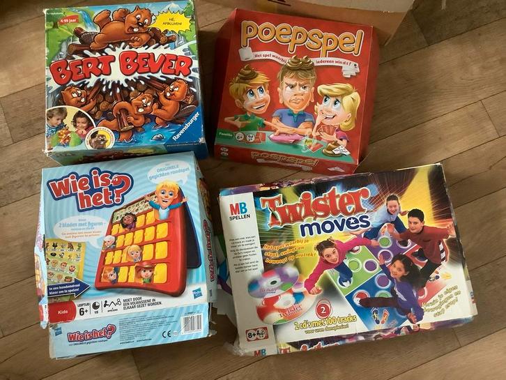Spellenpakket: Bert Bever, Poepspel, Wie is het?, Twister, Hobby en Vrije tijd, Gezelschapsspellen | Bordspellen, Gebruikt, Een of twee spelers