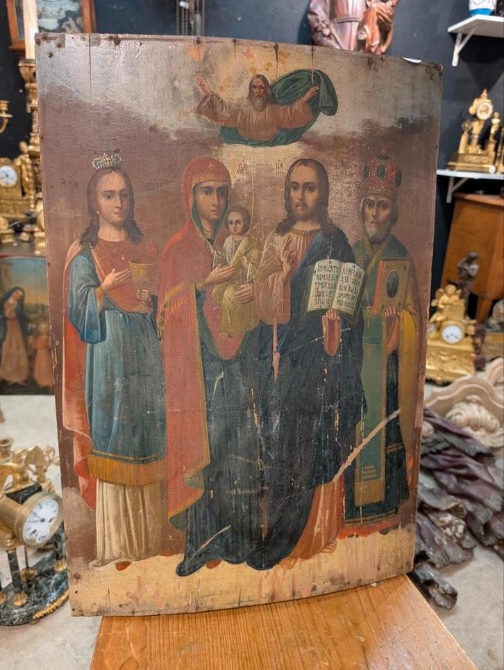 Antiek beschilderd religieus paneel   38x56 cm. €390., Antiek en Kunst, Antiek | Religie, Ophalen