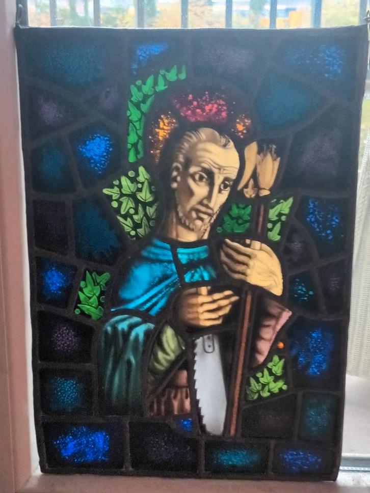 Antiek Glas-in-lood Raam Heilige Jozef, Antiek en Kunst, Antiek | Glas en Kristal, Ophalen of Verzenden