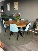 Mango houten ronde eettafel 160cm en lichtblauwe kuipstoelen, Huis en Inrichting, Tafels | Eettafels, Ophalen, Rond, 150 tot 200 cm