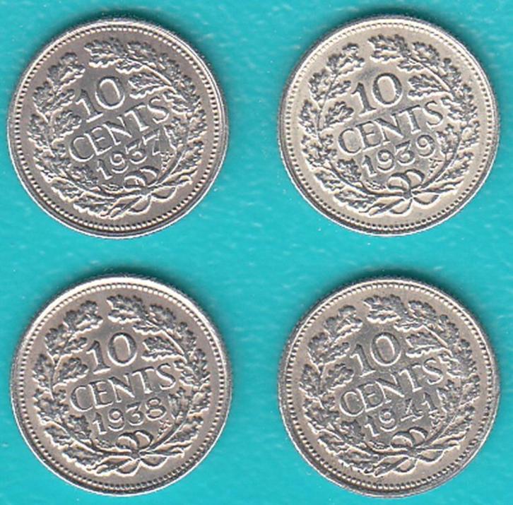 Nederland 10 cent 1937, 1938, 1939 + 1941 Wilhelmina zilver, Postzegels en Munten, Munten | Nederland, Setje, 10 cent, Koningin Wilhelmina