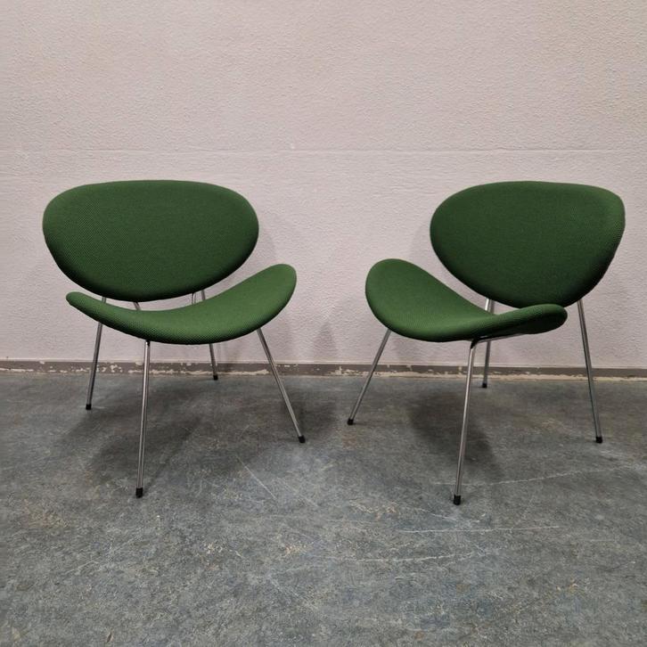 Nieuw bekleed retro Slice chairs 2 groene fauteuils design, Huis en Inrichting, Stoelen, Twee, Metaal, Stof, Overige kleuren, Ophalen of Verzenden