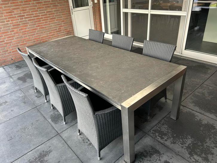 Natuurstenen tuintafel met RVS onderstel - 100 x 240 cm, Tuin en Terras, Tuintafels, Gebruikt, Rechthoekig, Rvs, Ophalen