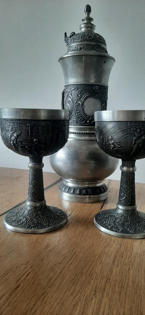 Prachtige set ,kan en twee bekers, Antiek en Kunst, Antiek | Tin, Ophalen of Verzenden